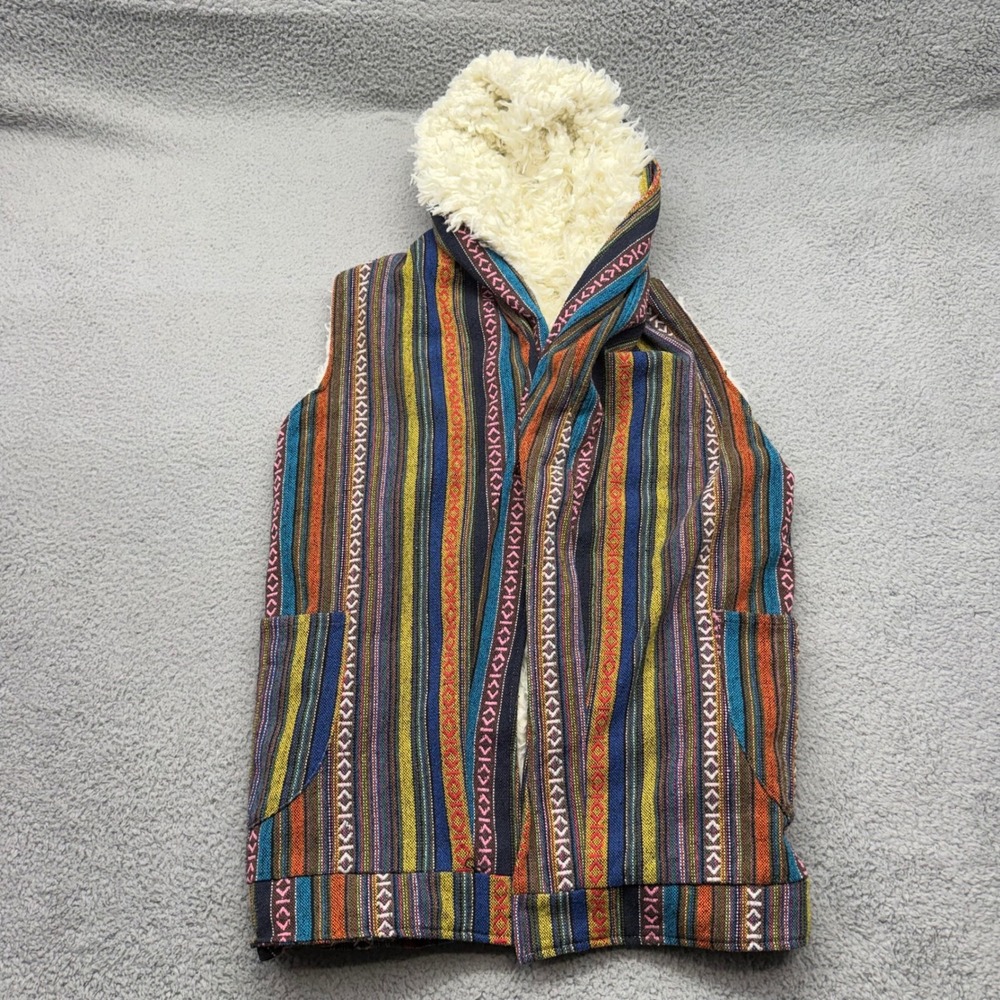 Minkpink XS/S Multi Woven Hooded Vest Geometric Stripe Faux Shearling Lined Boho